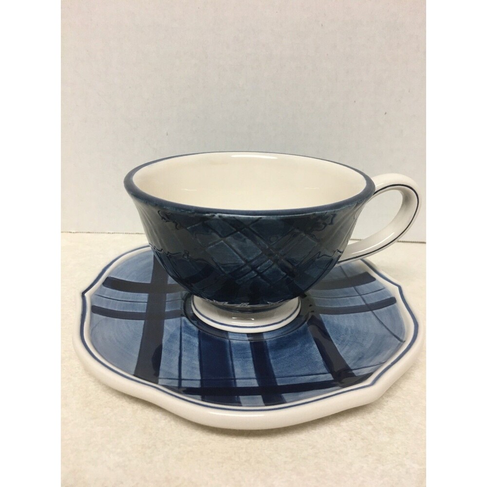New Fitz and Floyd Bristol Indigo Tartan Cup and Saucer Set